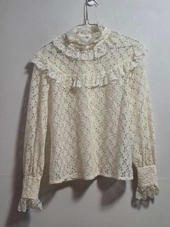 Tops - Vintage Women's Ivory Lace Ruffle High-Neck Blouse